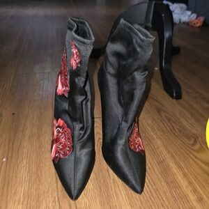 Jessica Simpson Black Satin Ankle Boots with Red Floral Embroidery